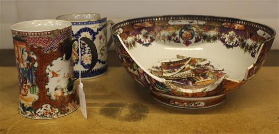 Mandarin/Nanking bowl and 2 mugs(-)